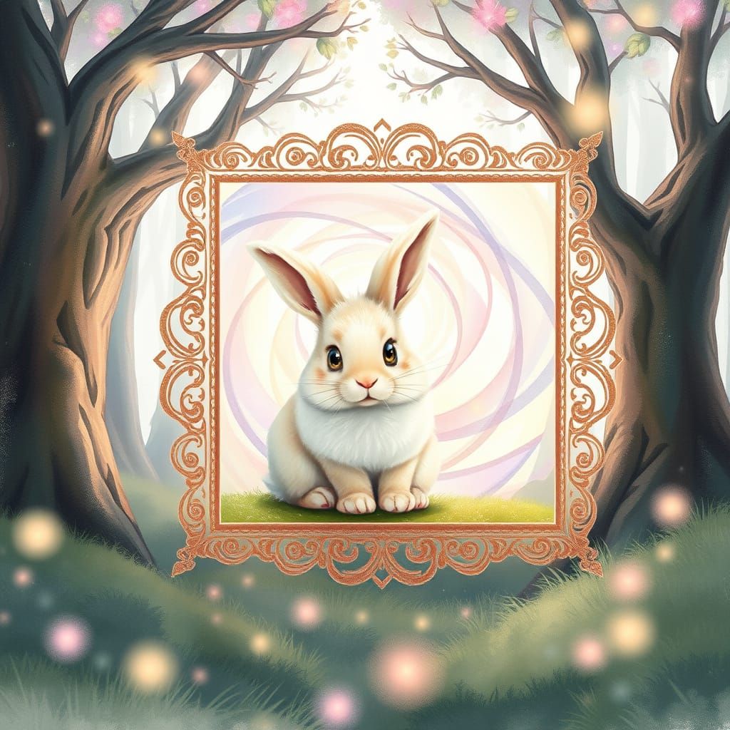 Whimsical Bunny Inside Glowing Portal in Enchanted Forest
