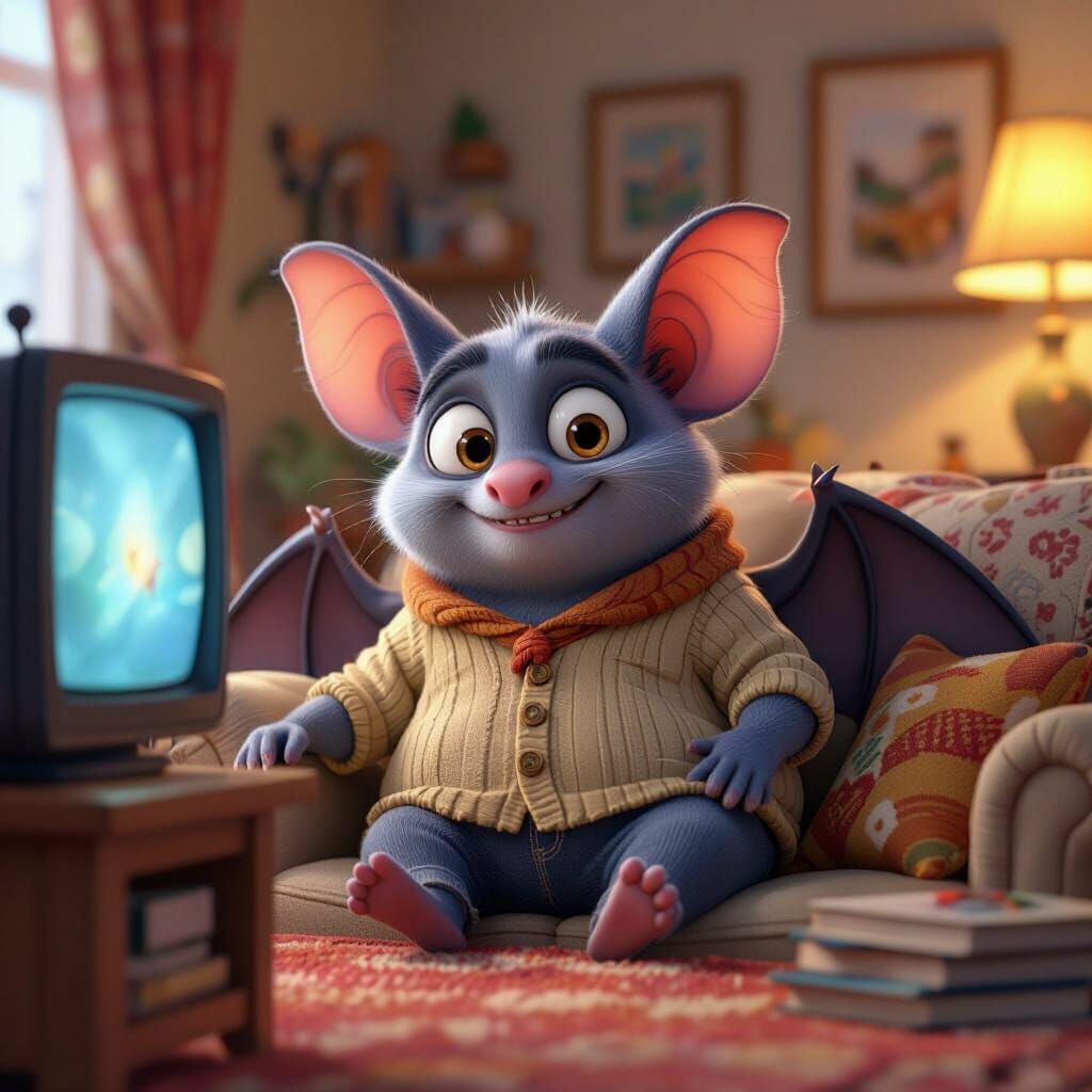 Blind Bat Watches TV in Cozy Living Room