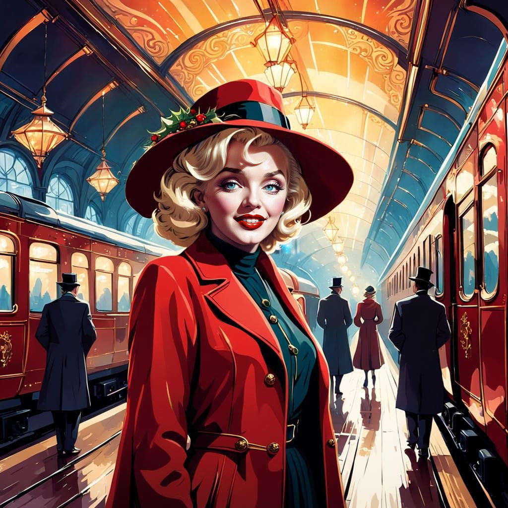 Marilyn Monroe in Vibrant Christmas Train Station Scene