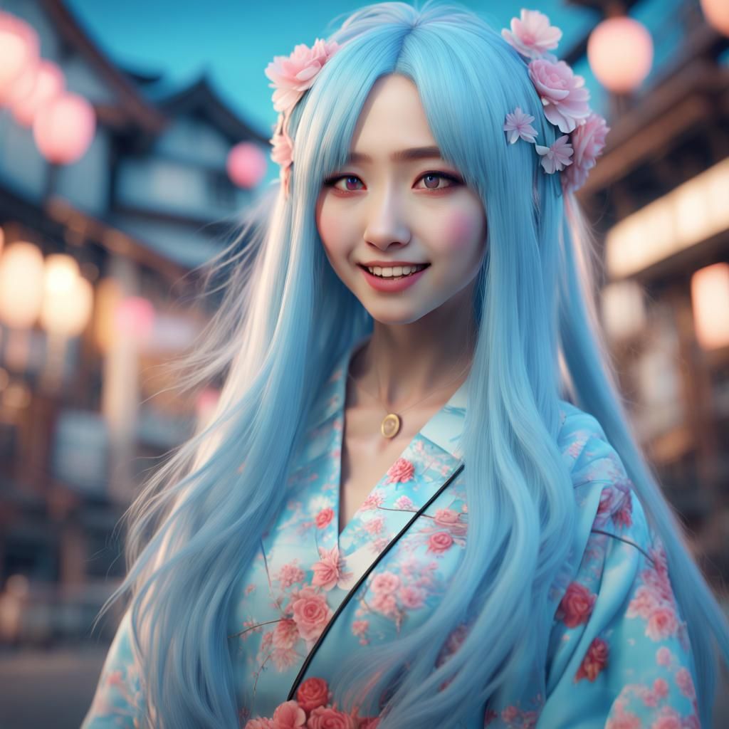 Happy Harajuku Woman with Blue Hair