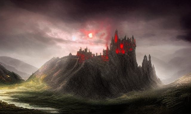 Dragon Fire Engulfs Castle in Dark Fantasy Landscape