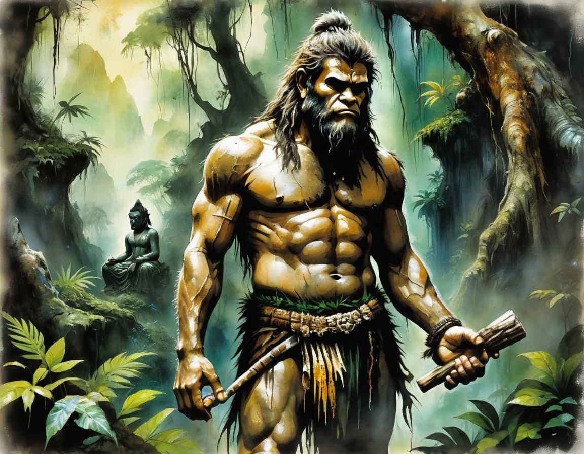 Caveman and Buddha in Whimsical Jungle Art
