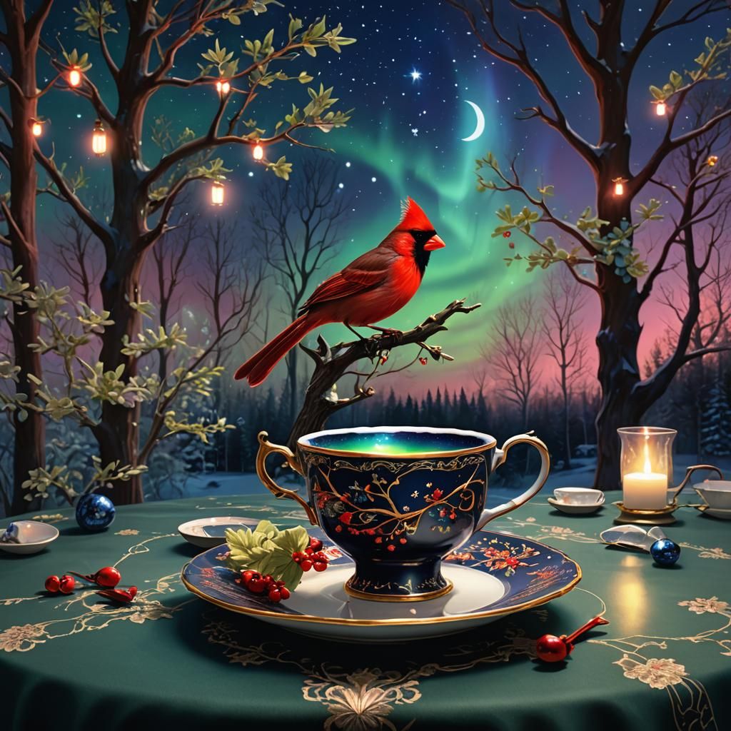 Red Cardinal and Aurora Borealis Teacup