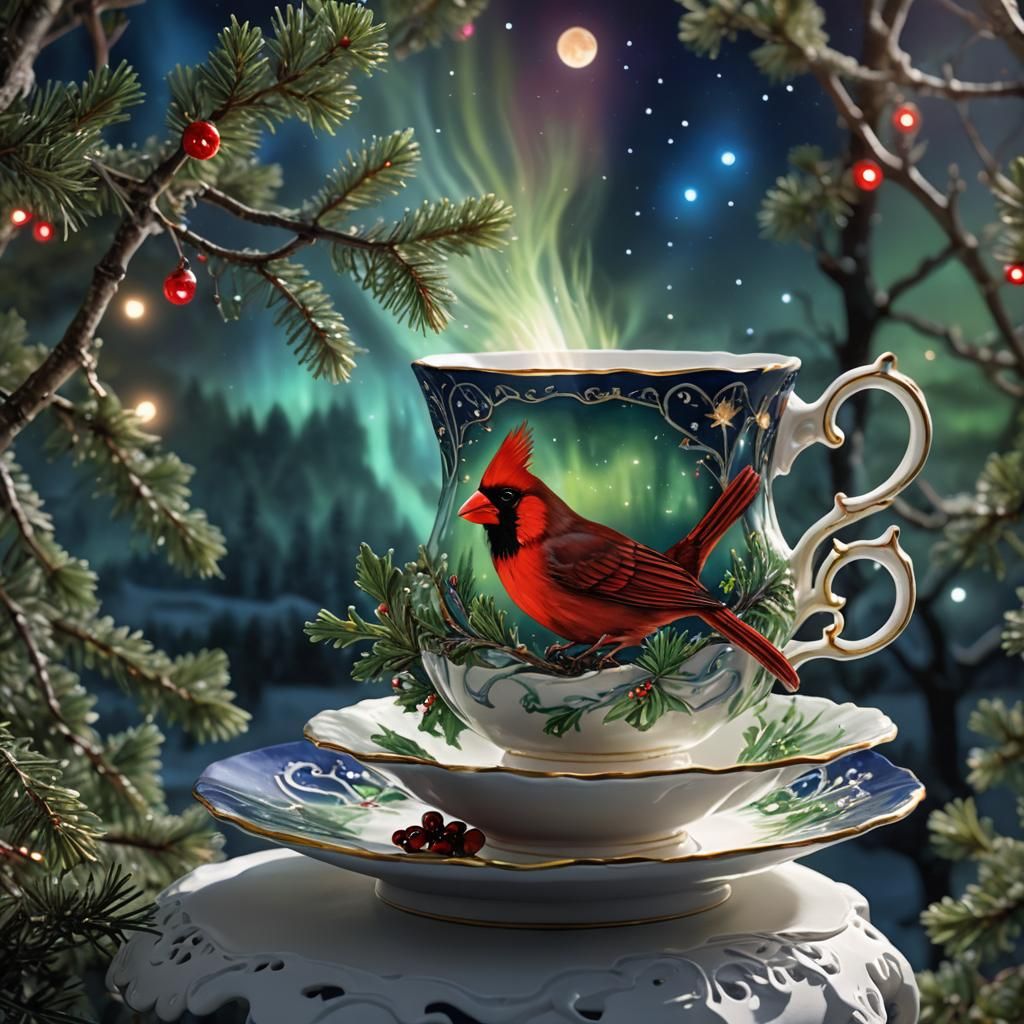 Cardinal and Aurora Teacup Still Life