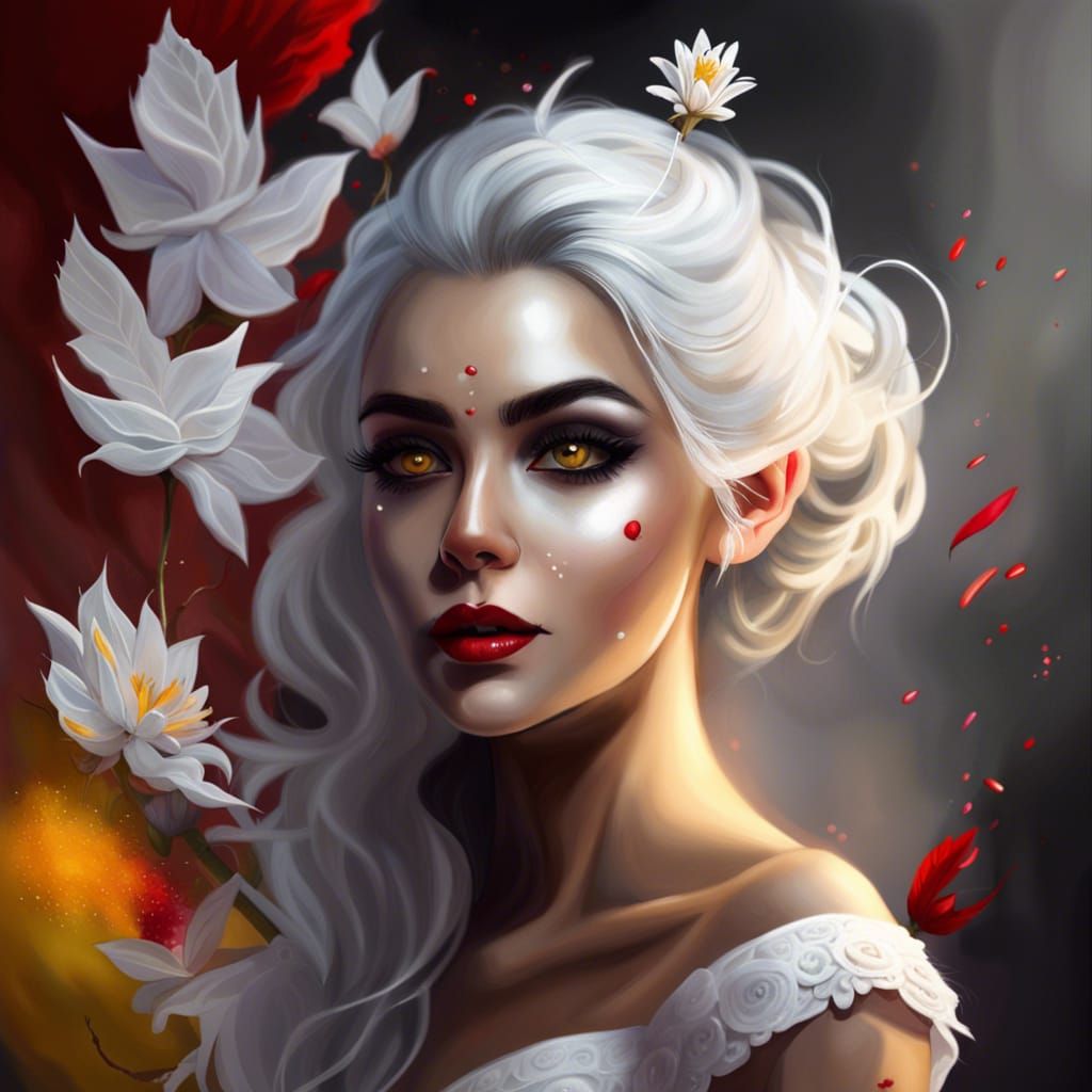 Golden-Eyed Bride with Red Lips in Splash Art Style