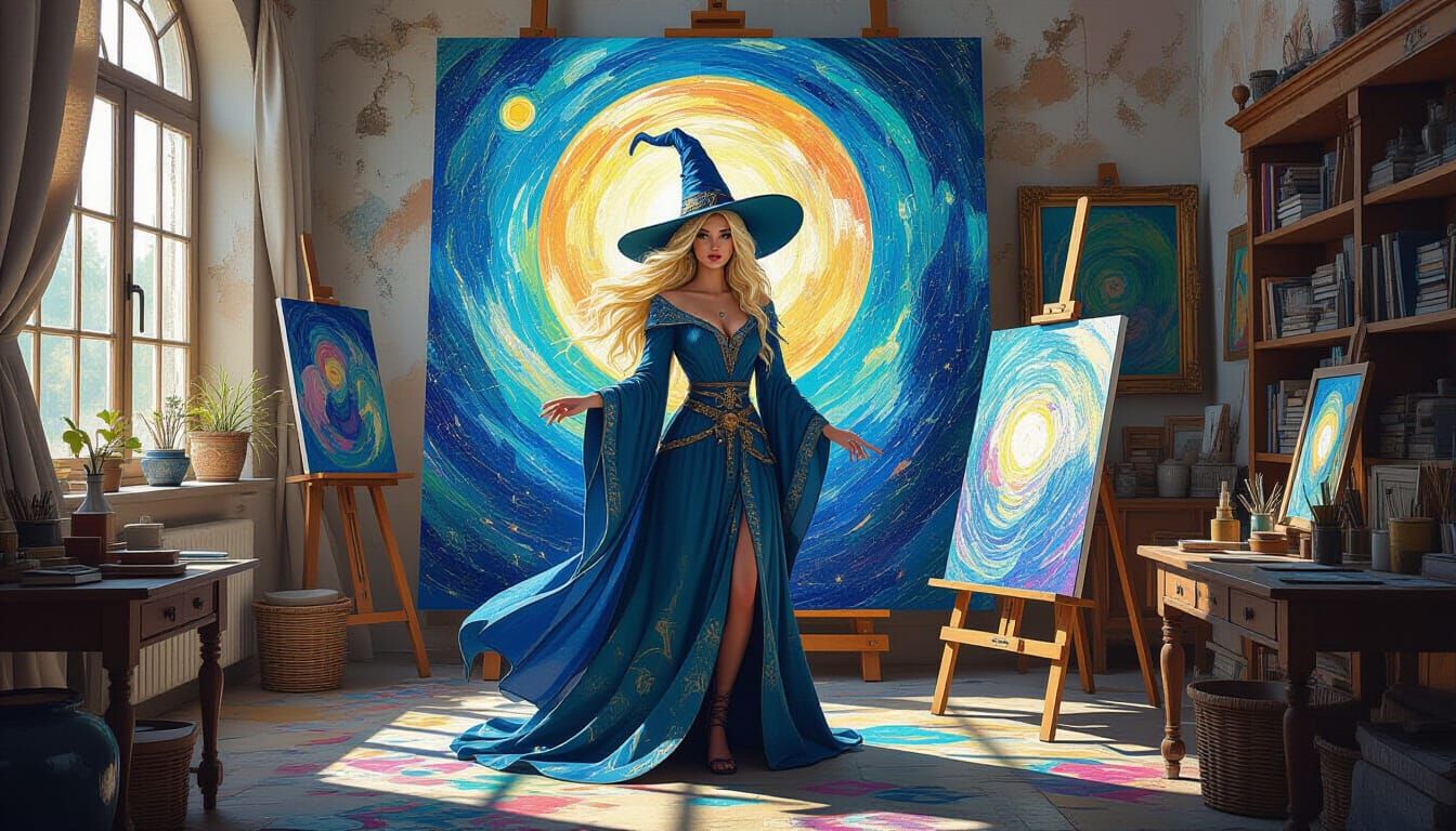 Blonde Witch in Magical Studio, Gouache Painting Style