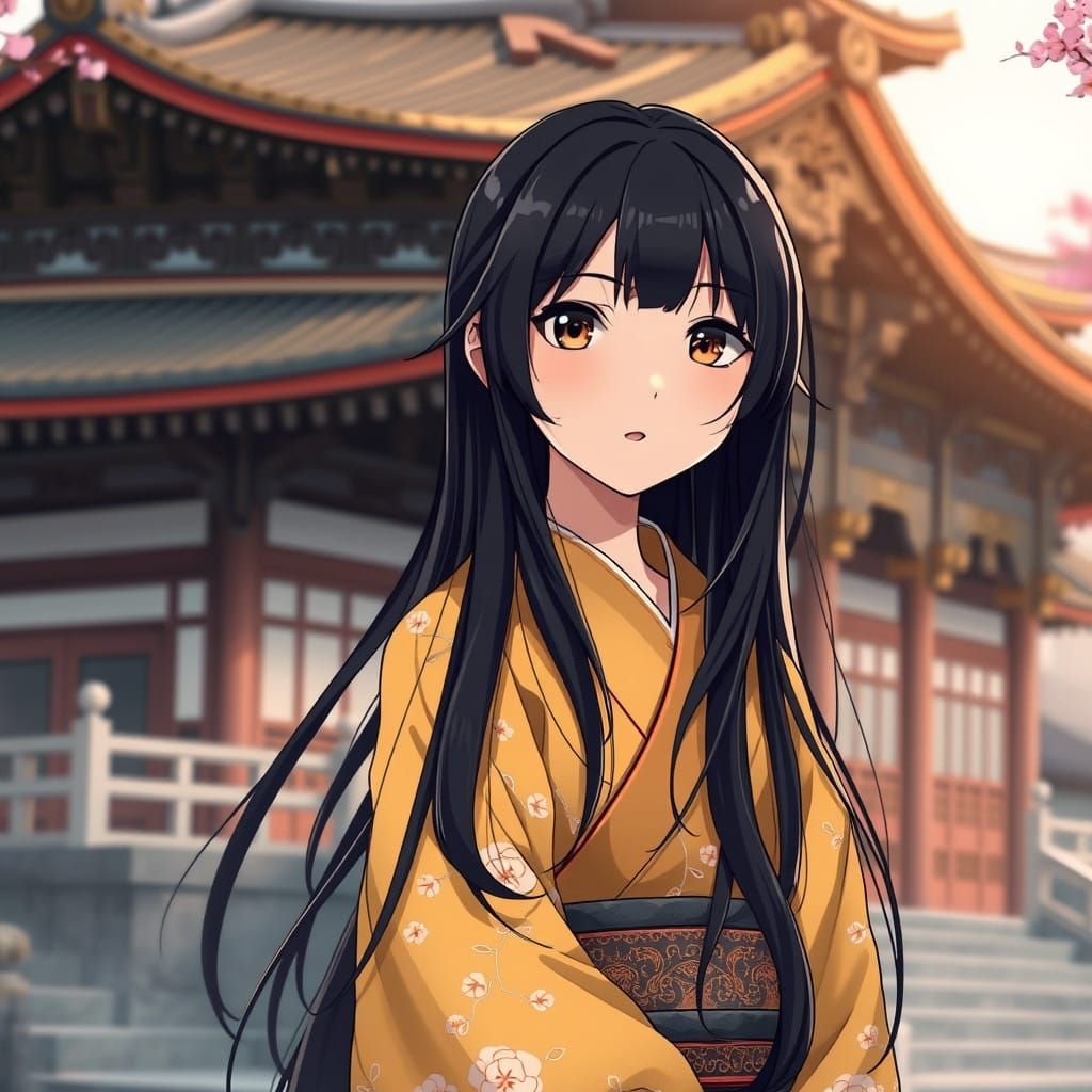 Young Girl in Elegant Gold Kimono in Front of Traditional Ja...