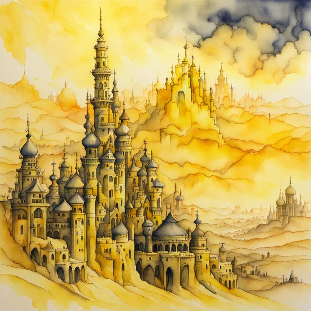 Yellow Desert City in Watercolor Style