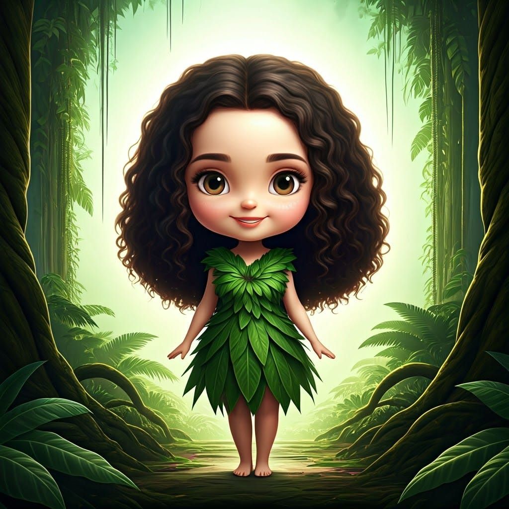 Chibi Eve in Leaf Dress, Pixar-Style 3D Art