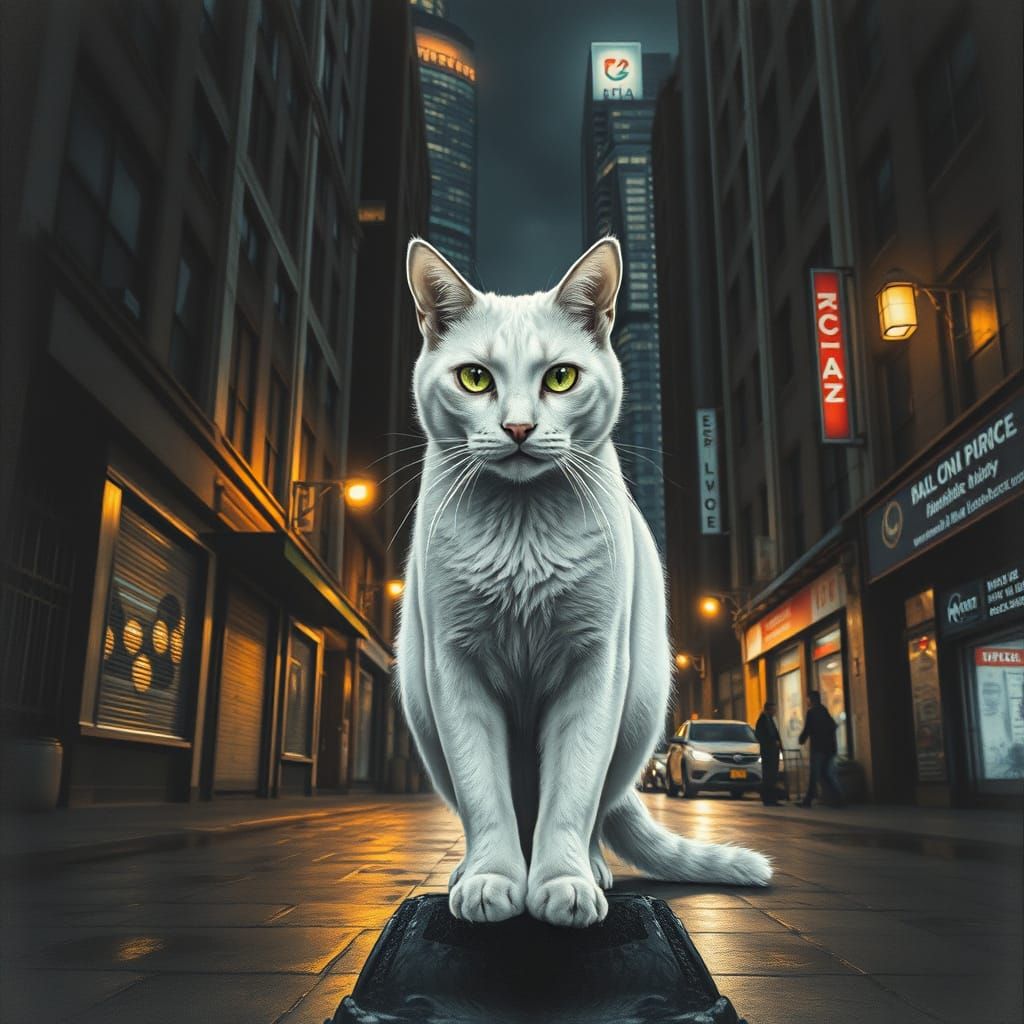 Majestic White Cat in City Alleyway at Night
