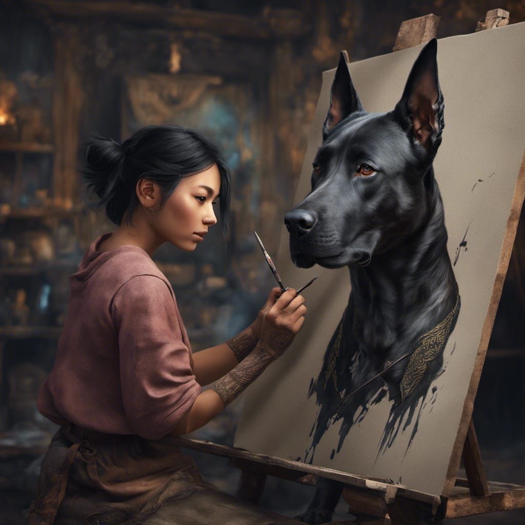 Girl Painting a Thai Ridgeback: Fantasy Concept Art
