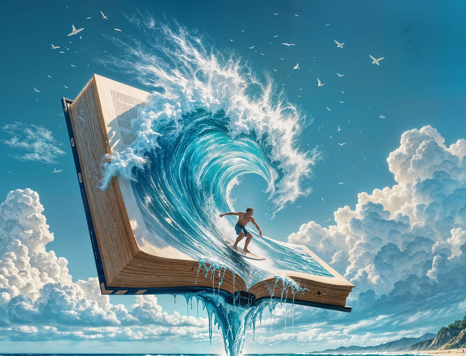 Surreal Book Waves with Surfer in Photorealistic Style