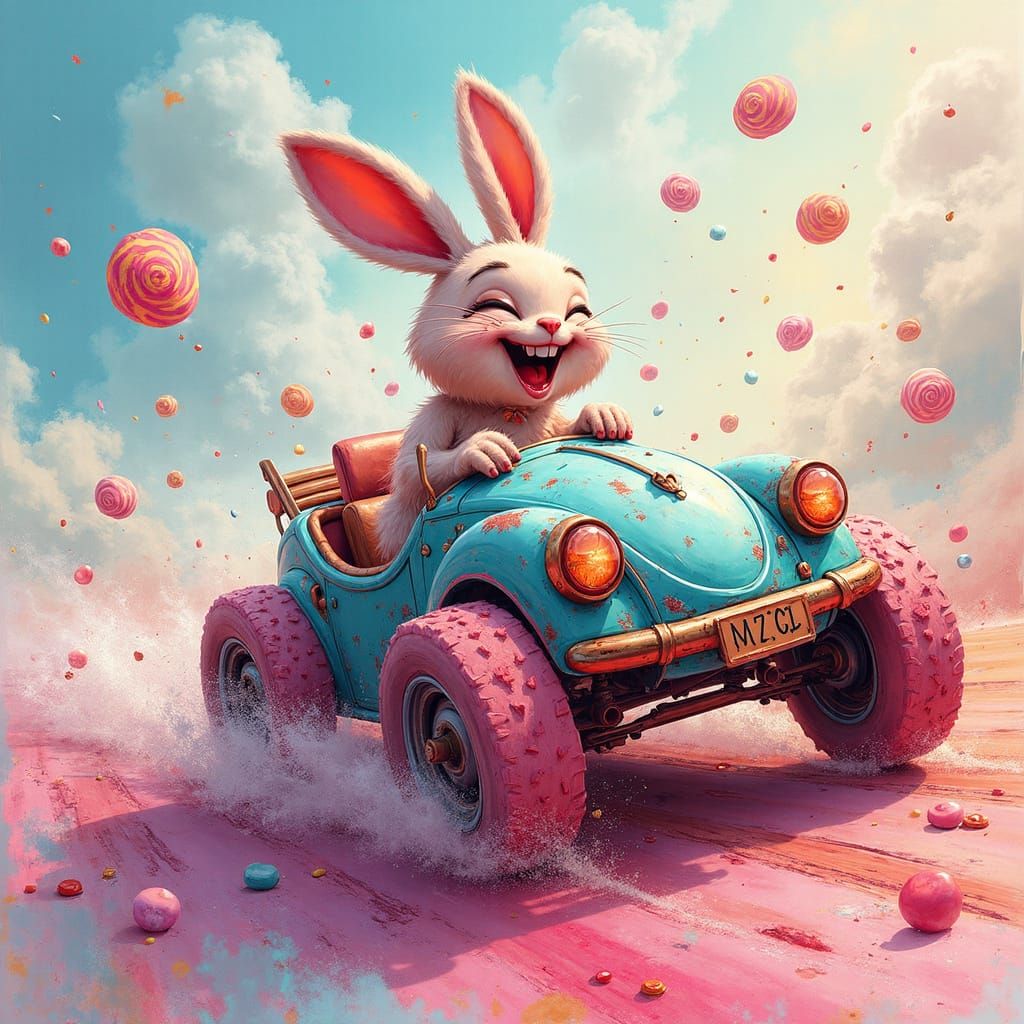 Cartoon Car Races Through Candy Dreamscape