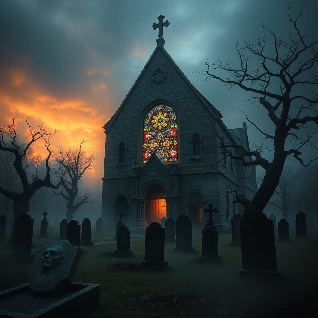 Mystical Church and Graveyard at Dusk