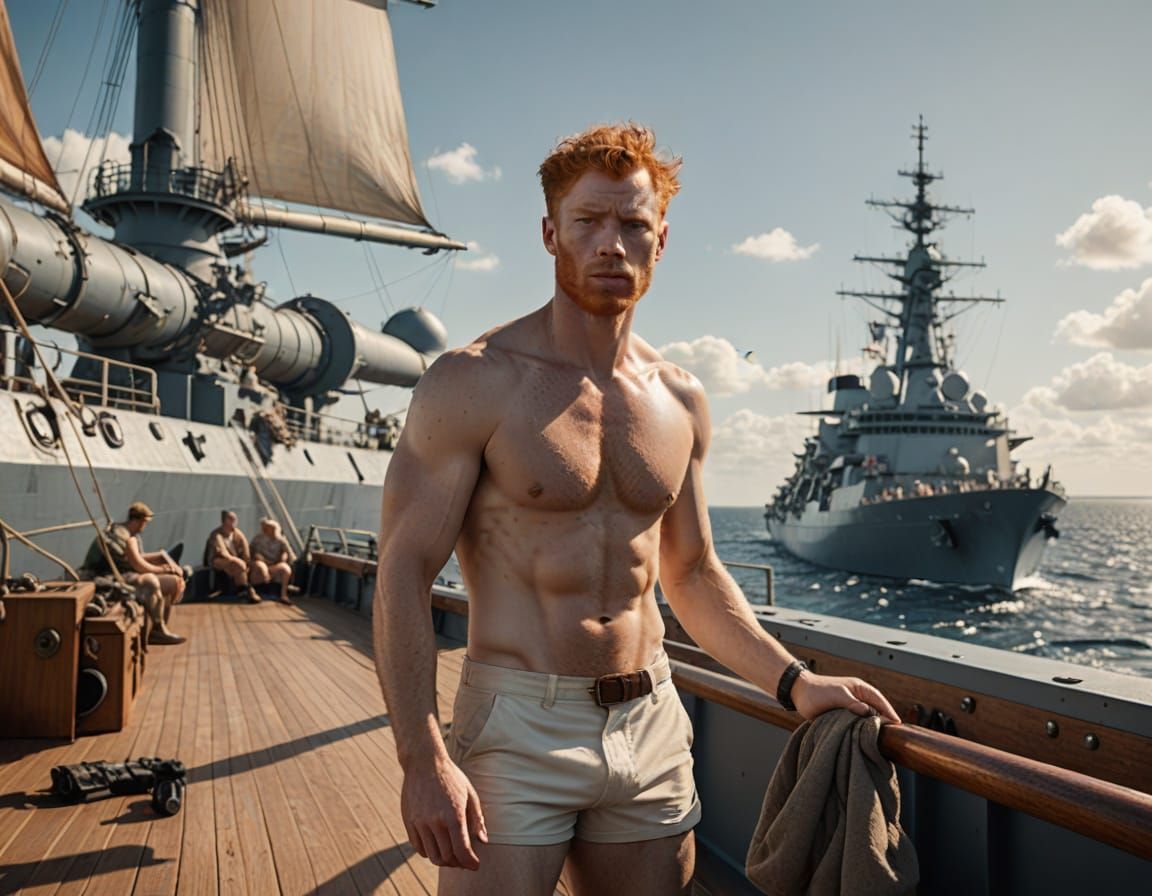A handsome shirtless WWII ginger wearing shorts, sunbathing ...