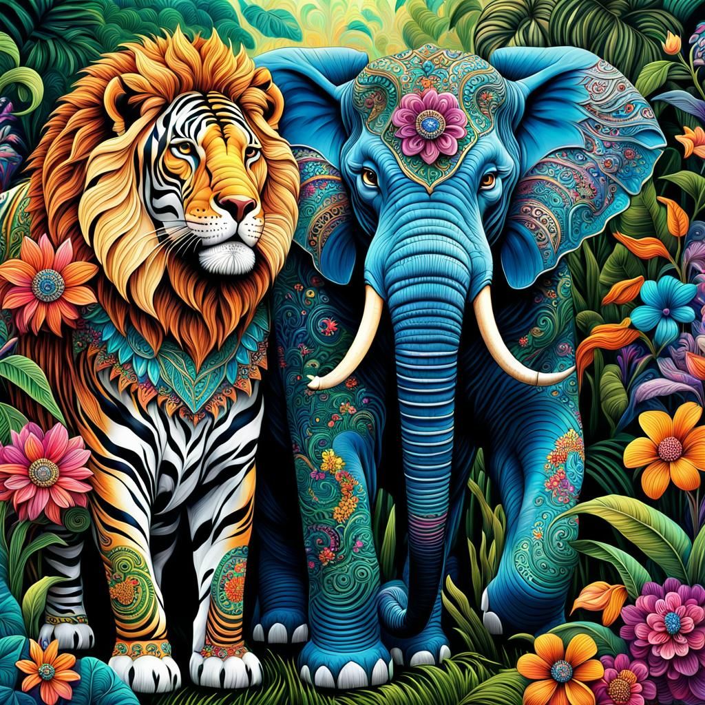 Lions in Fantasy Jungle with Zentangle and Filigree