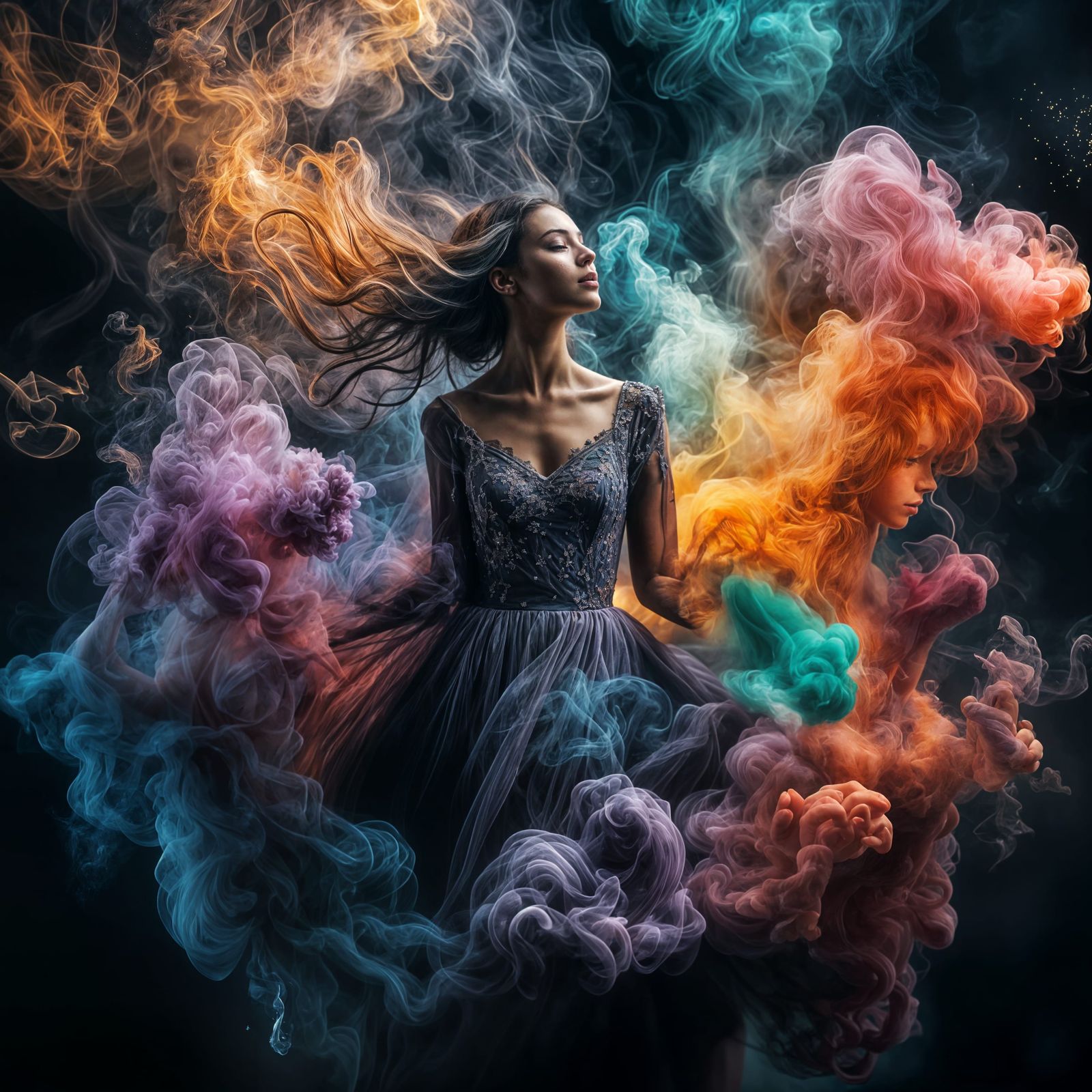Mysterious Smoke Woman with Magical Sparks