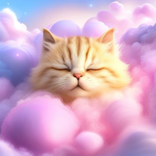 Cute Furry Kitten Sleeping on Cloud: 3D Render