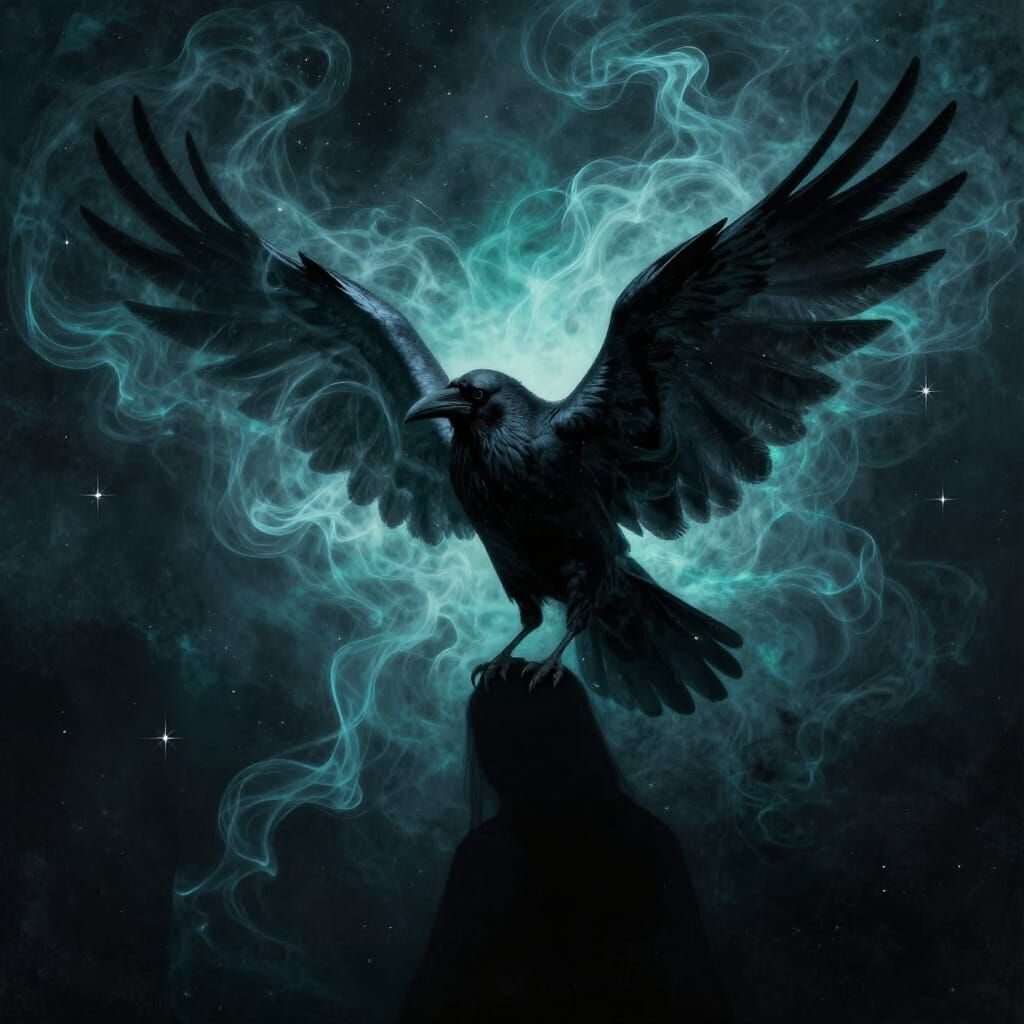 Ethereal Raven Emerges from Shadow in Cosmic Melancholy