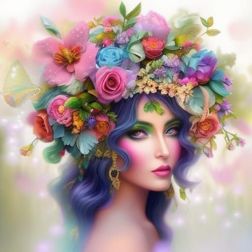 Whimsical Flower Crown Portrait in Digital Art