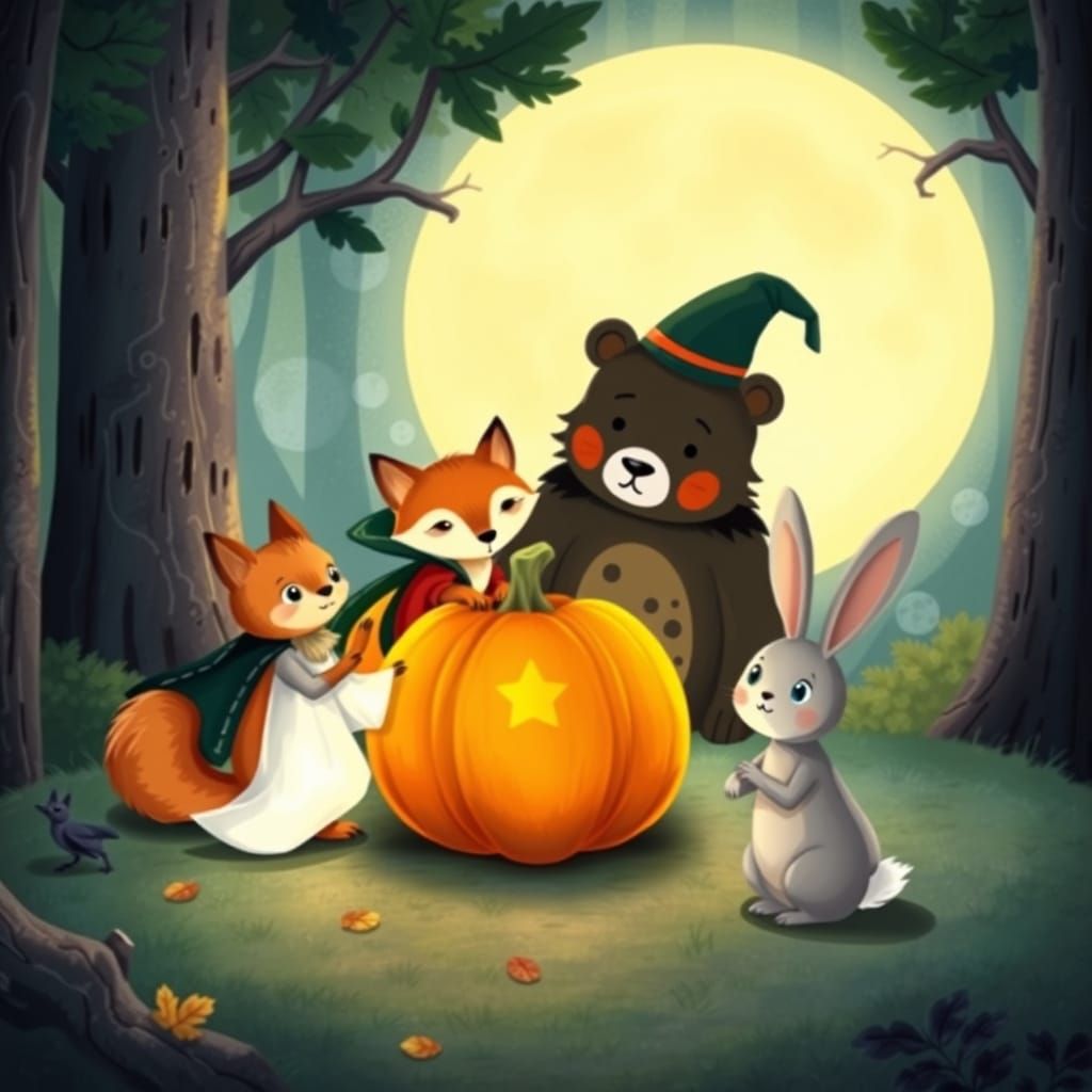 Forest Animals in Halloween Costumes Gathered in Clearing