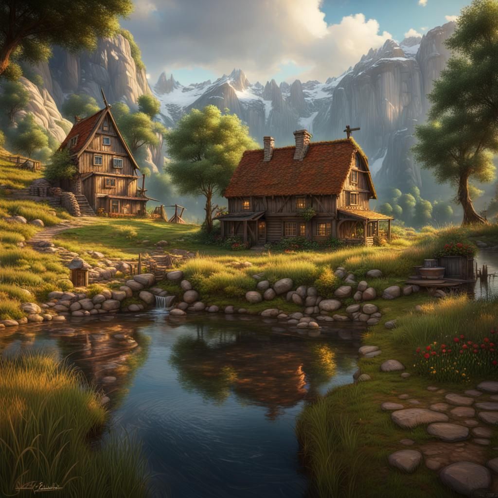 Mountain Summer Landscape with Farmhouse, Detailed Matte Pai...