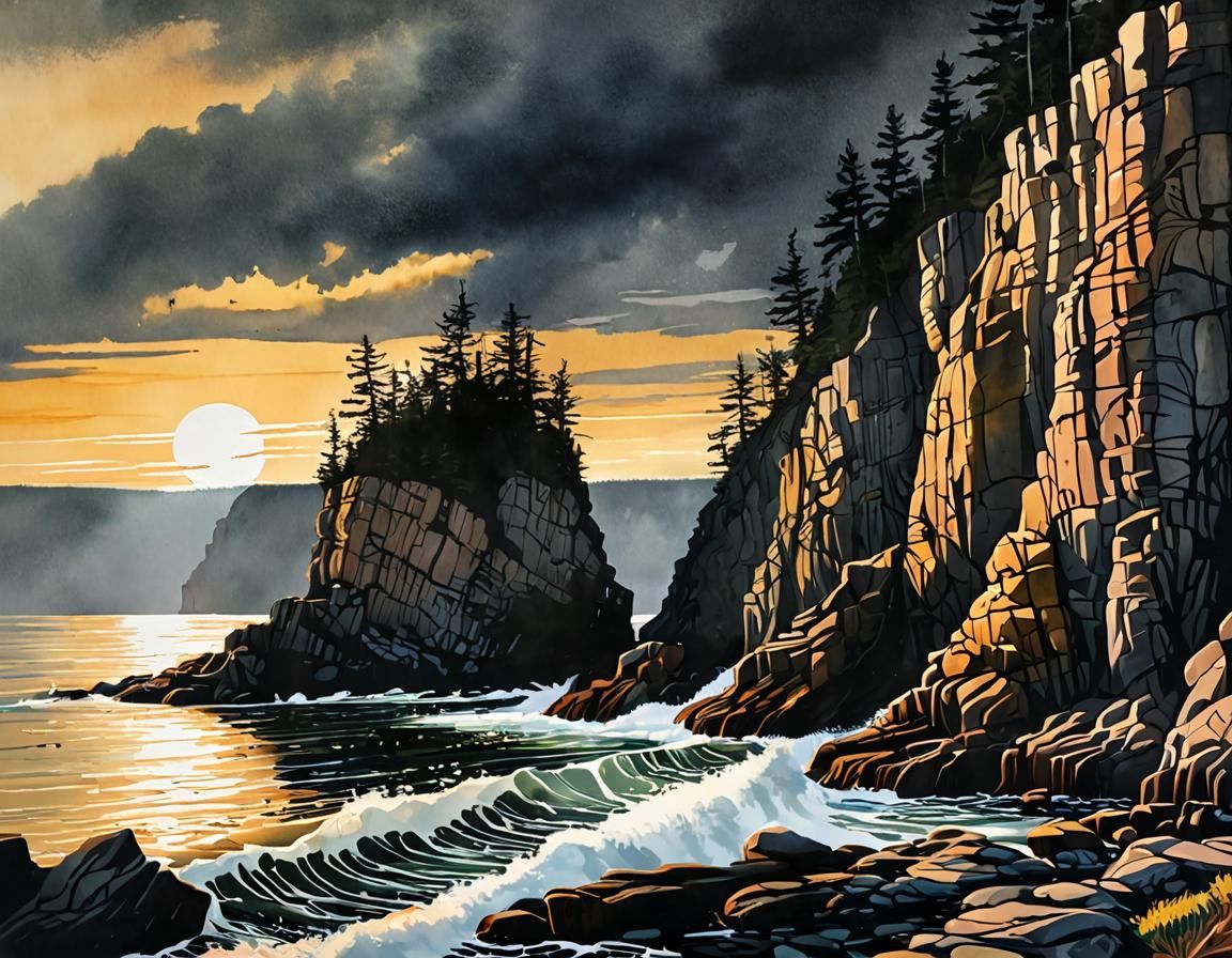Fundy National Park Cliffs: Watercolour, Metallic Ink