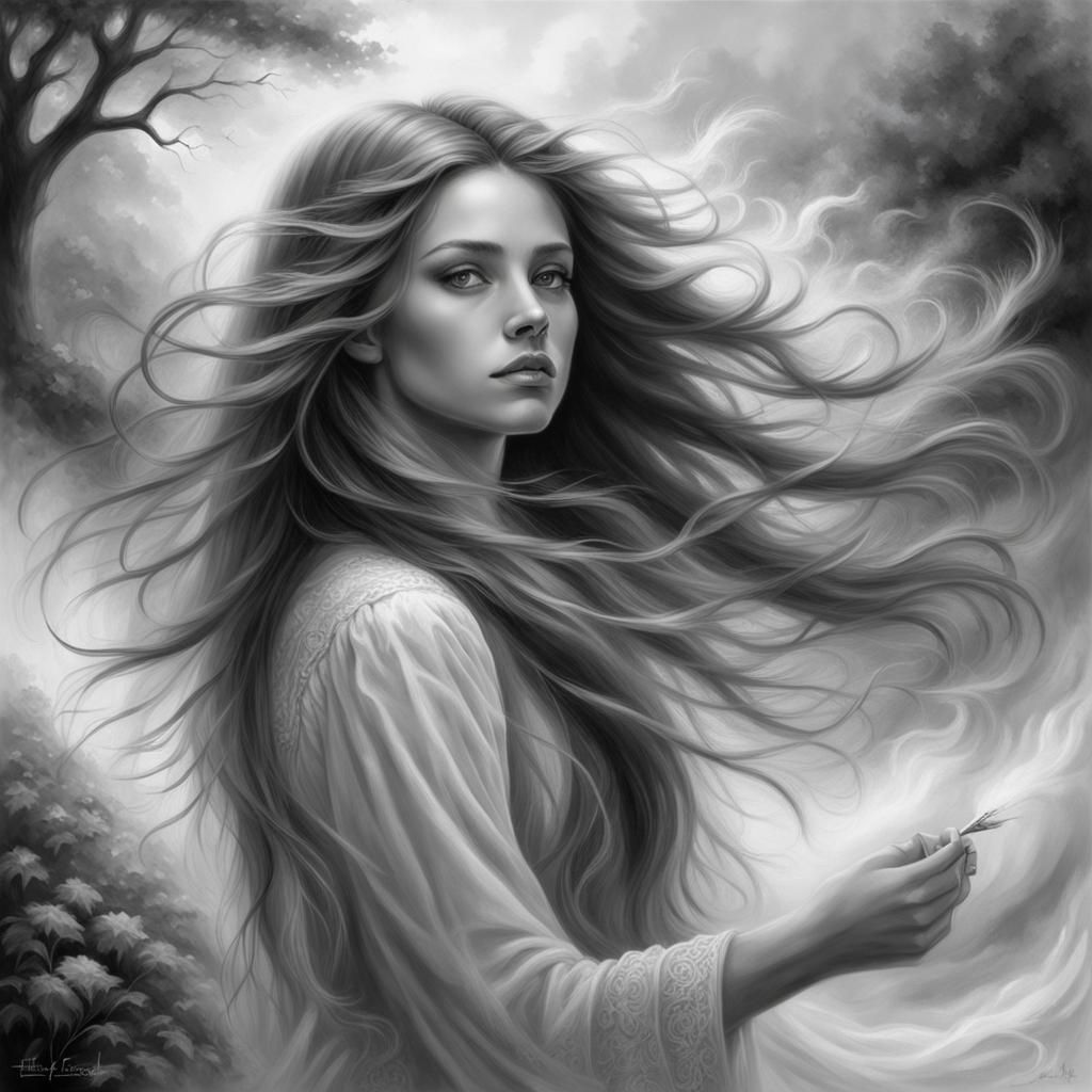 Ethereal Black and White Portrait of Girl in Wind