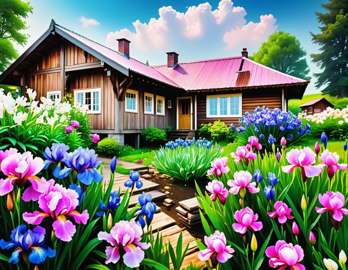 Blooming Iris and Peonies in Optical Aberration Style