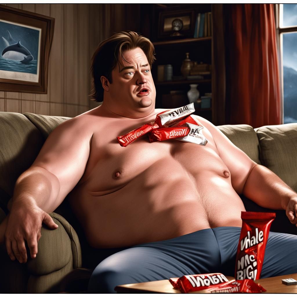 Hyperrealistic Image of Overweight Man Eating Chocolate