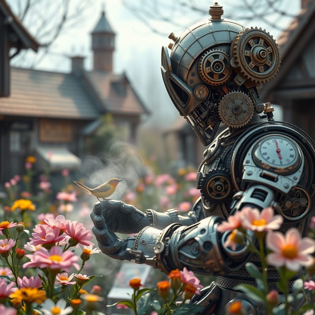 Steampunk Automaton Tends to Clockwork Garden in Serene Vill...