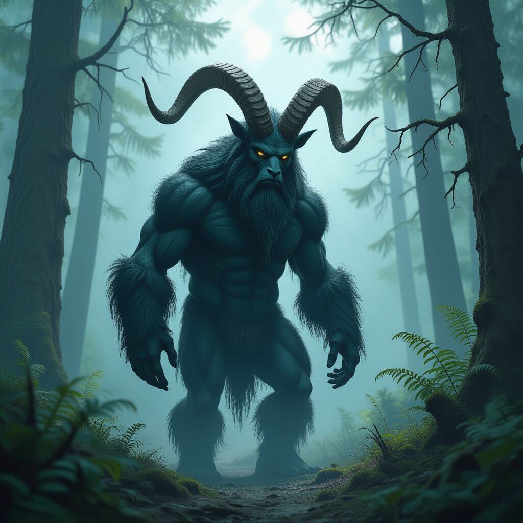 Mythical Goat Bigfoot in Misty Forest Clearing