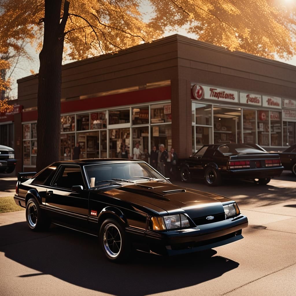 Epic Cinematic Still of a Glossy Black 1987 Ford Mustang Bos...