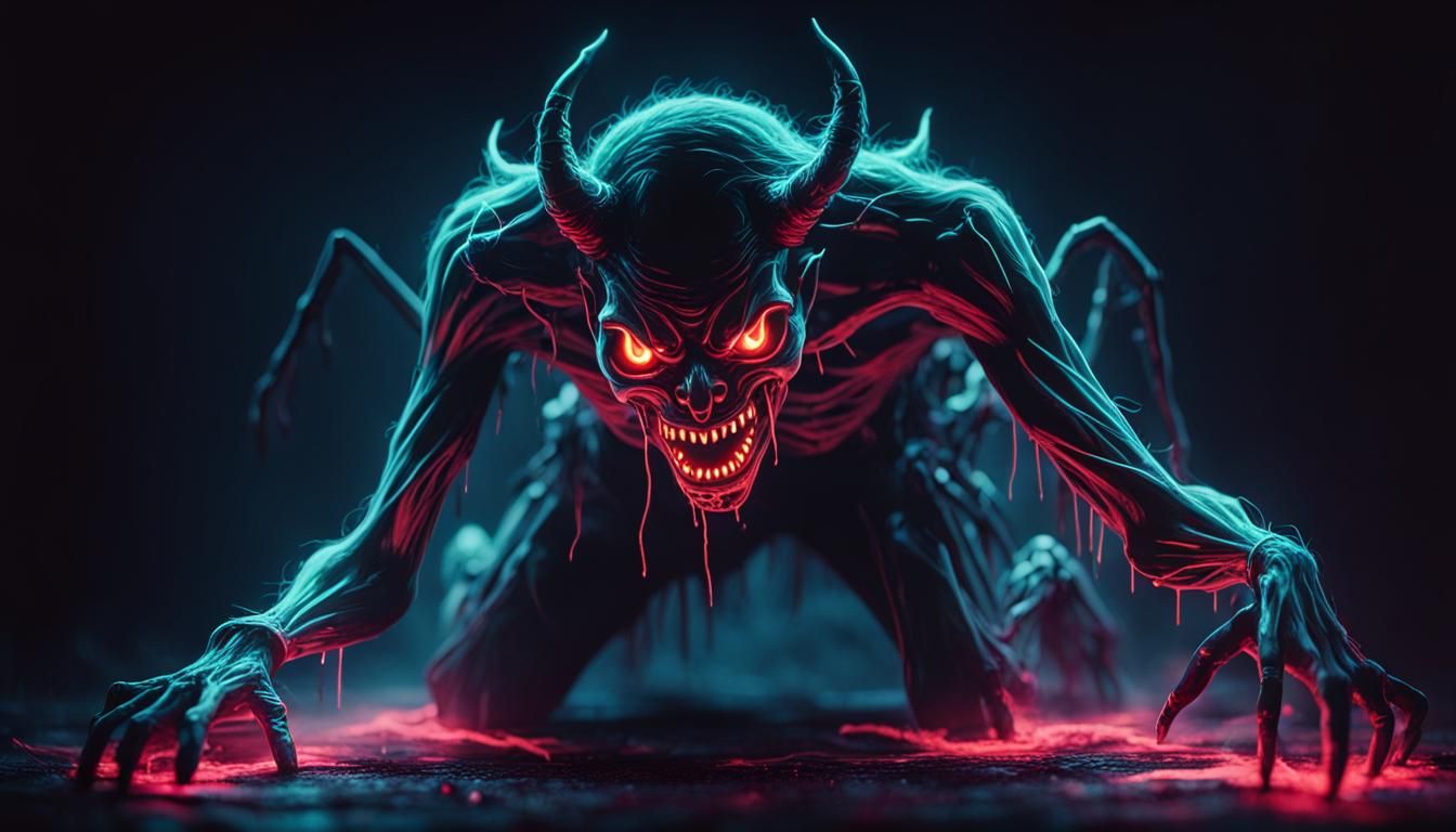 Glowing Neon Horror: Macabre Crawling Demon