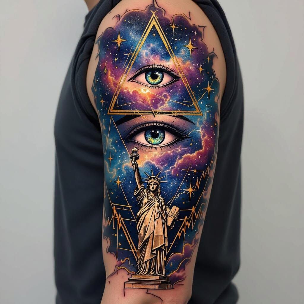 Cosmic Neo-Traditional Full Arm Tattoo Design