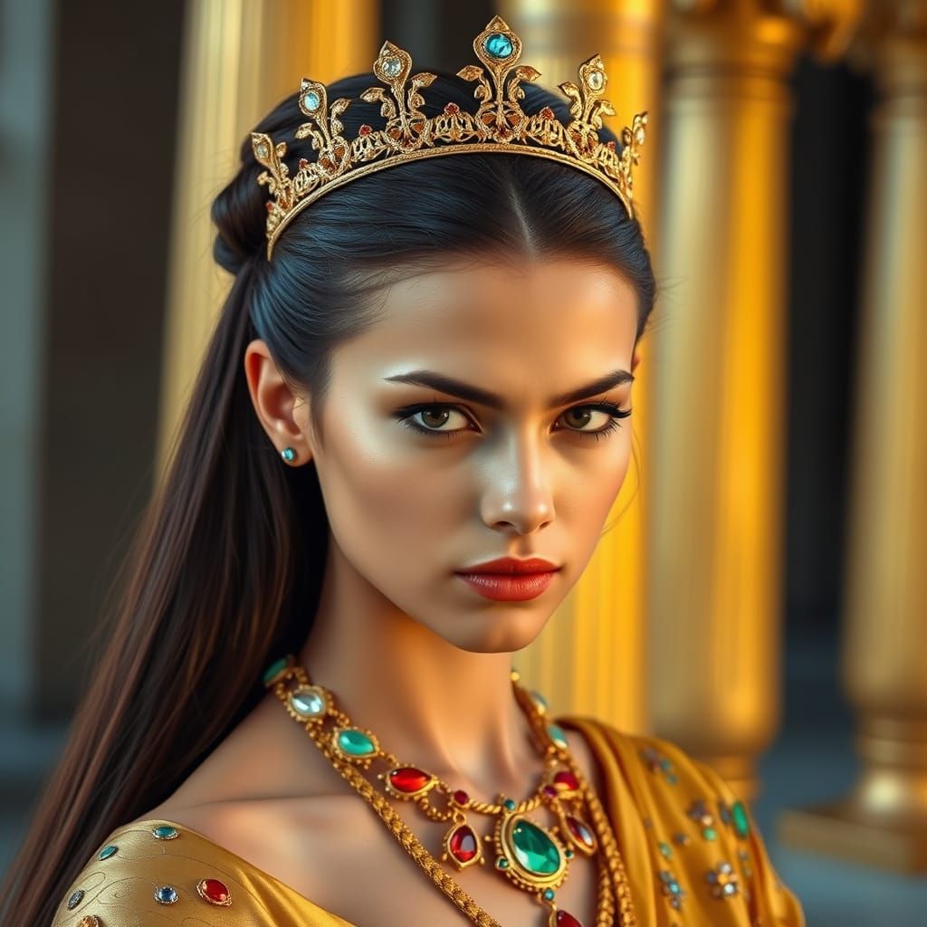 Regal Young Woman with Golden Crown and Jewels
