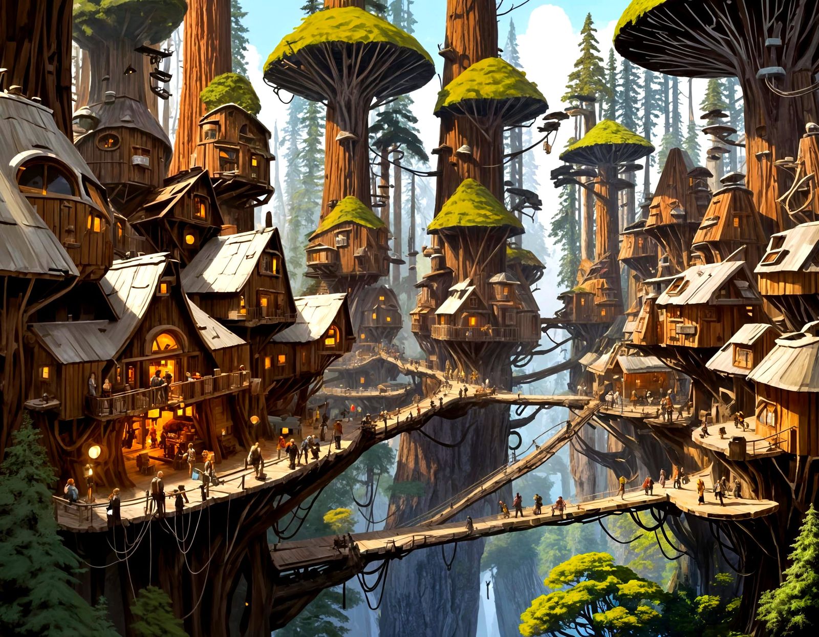 Redwood Treetop Cityscape in Retro Futuristic Style