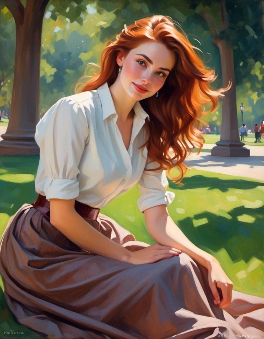 Joyful Auburn-Haired Woman in Park Portrait