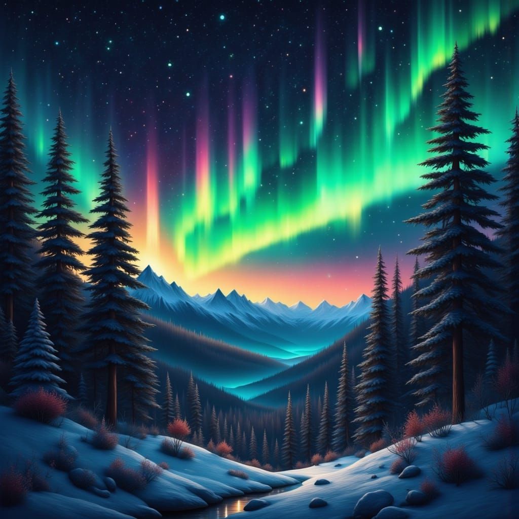 Northern Lights Over Forest: Van Gogh Style