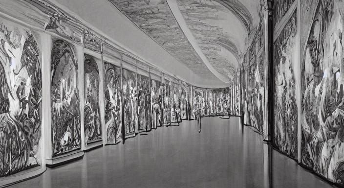 Surreal Endless Corridor with Demon Faces and a Distant Figu...