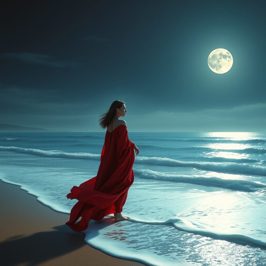 Serene Beach Under Radiant Full Moon, Gentle Waves and Shimm...