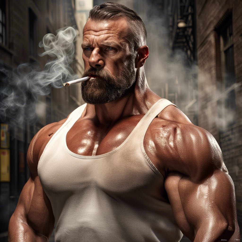 Hyperrealistic Muscular Security Guard Smoking
