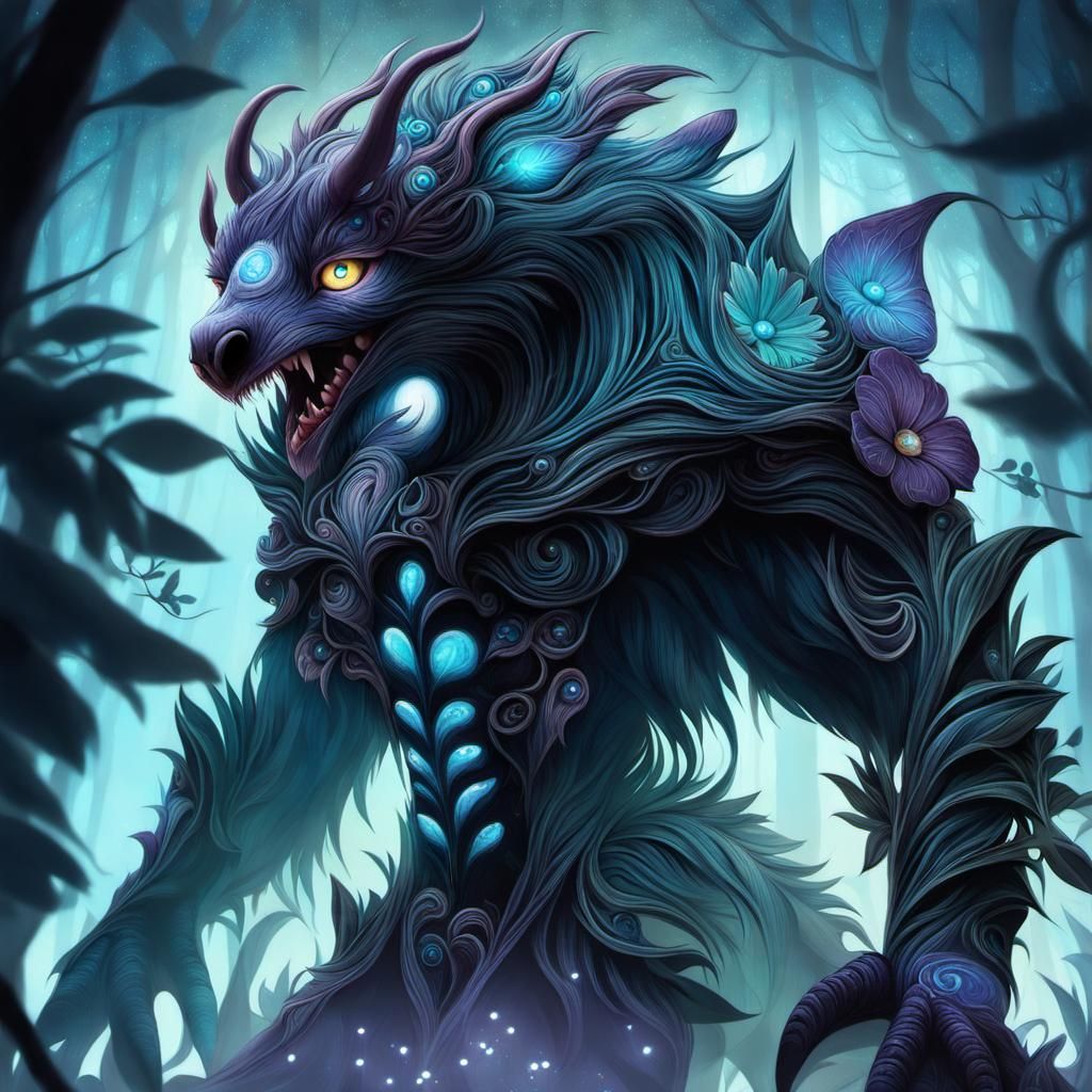 Bioluminescent Monster in Eerie Forest: Digital Art