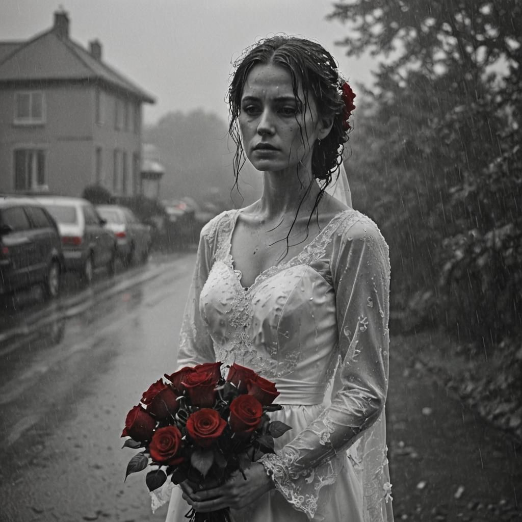Sad Bride in Rain with Red Roses: Black and White