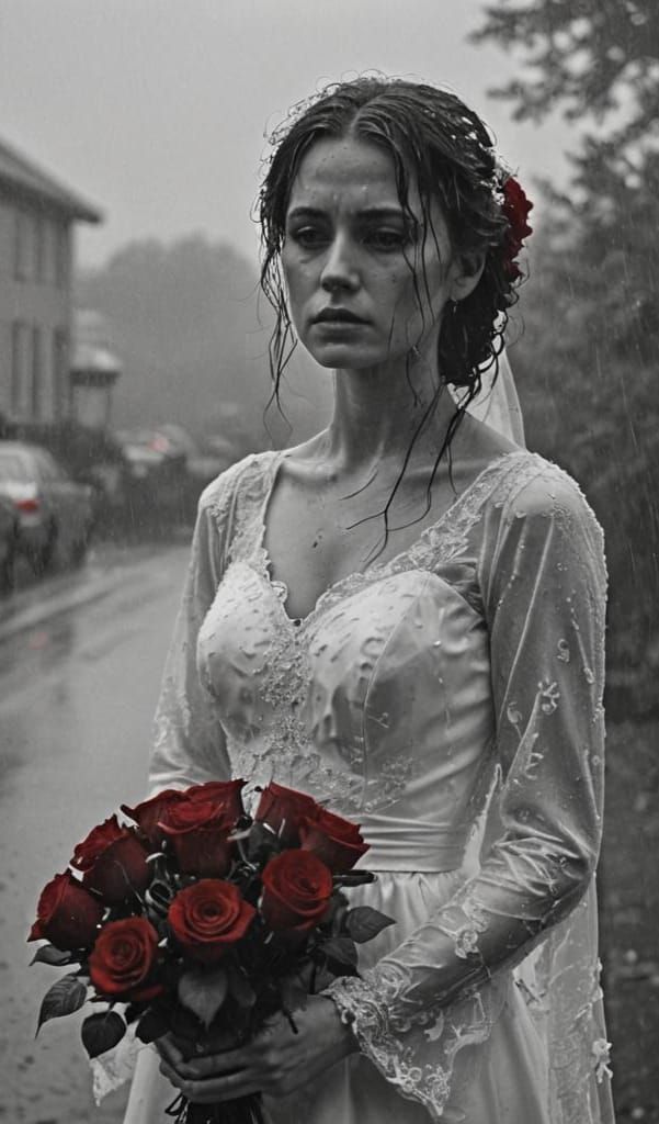 Melancholy Bride in Rain, Black and White Portrait