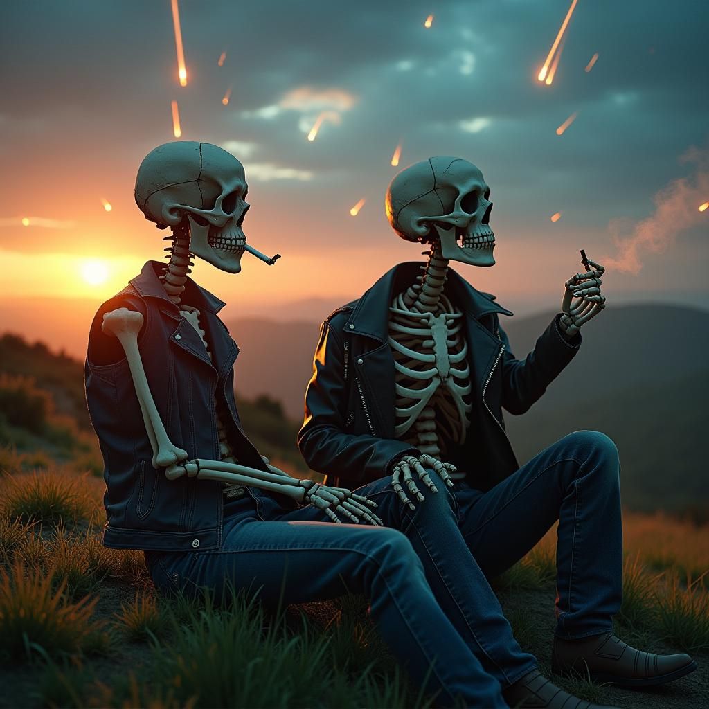 Skeletons Watch Meteors in Golden Hour Sunset