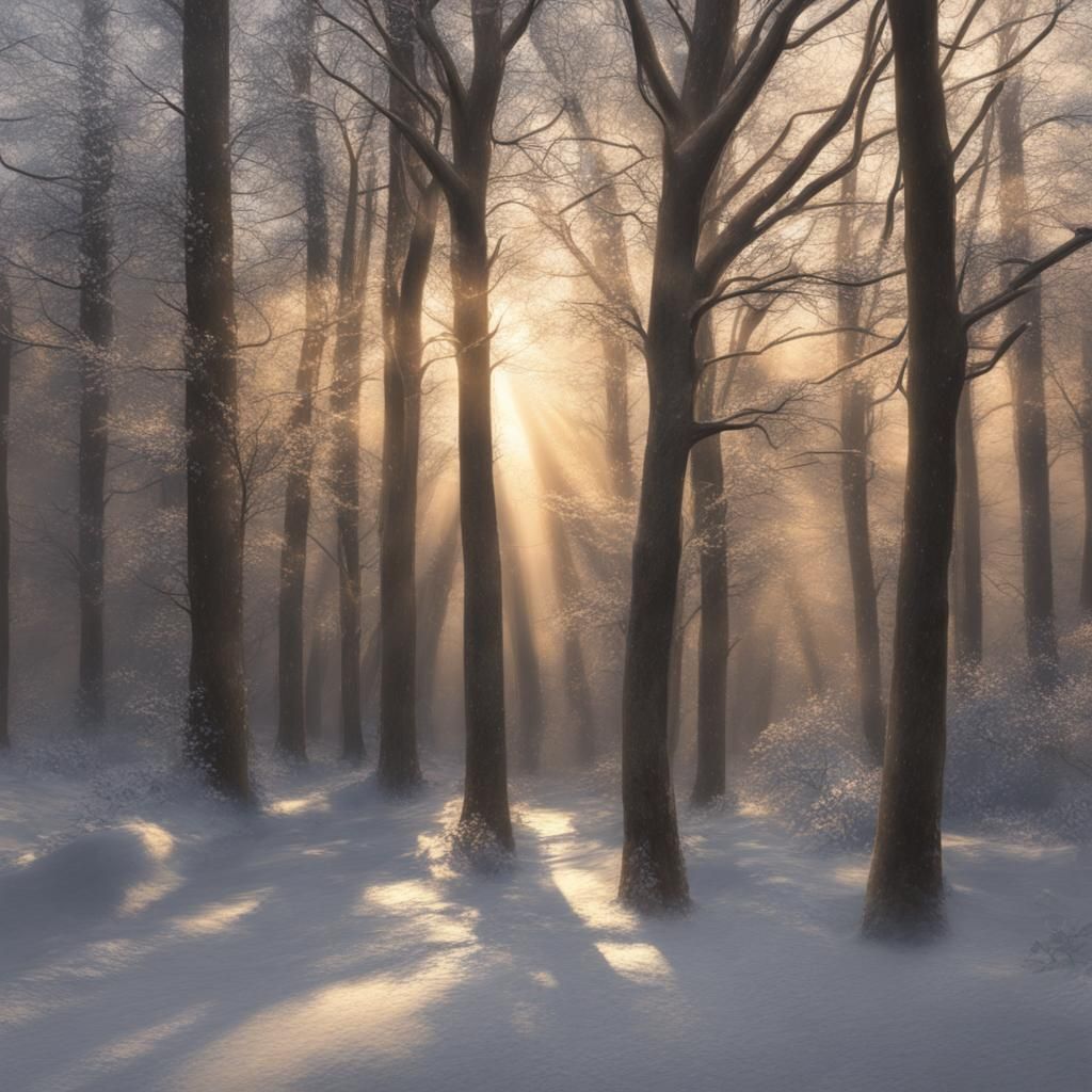 Snowy Sunset with God Rays in Hyperrealism