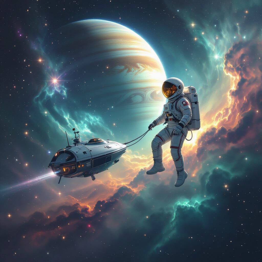 Astronaut Among Iridescent Nebula in Digital Painting