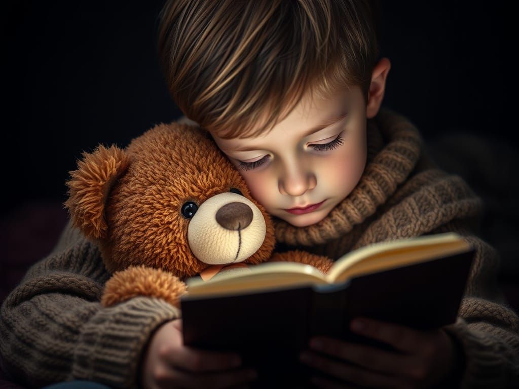 Cozy Boy Reading with Teddy Bear in Photorealistic Style