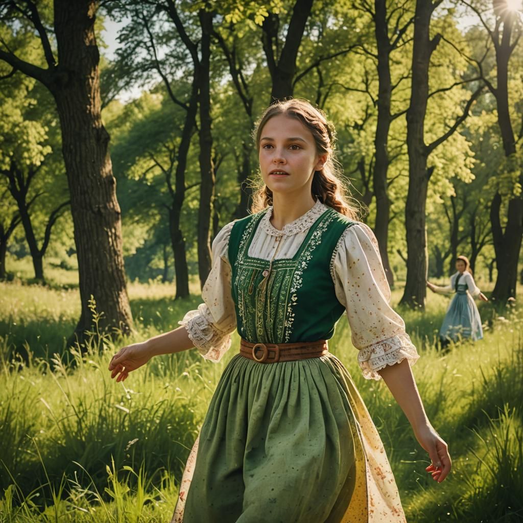 Girl in Hungarian Dress Dancing in Meadow